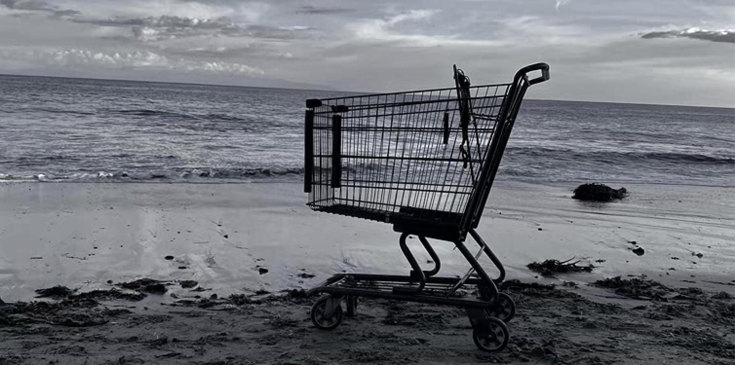 Shopping cart on the beach at sunset